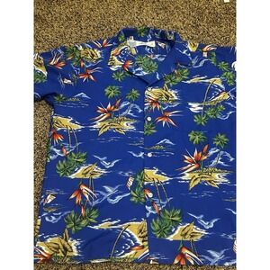 AKAMAI Hawaiian Shirt - Men's Large Blue Polyester Tropical Palm Tree Tropical